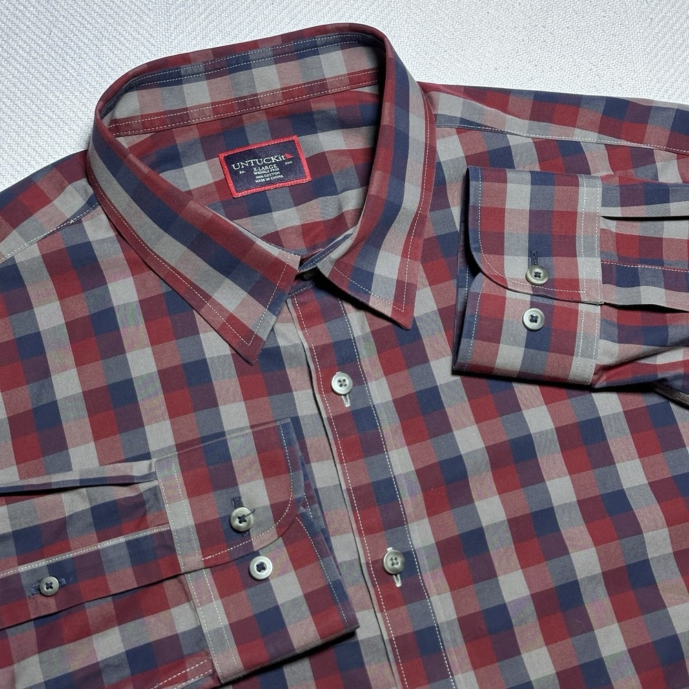 UNTUCKit Button Up Shirt Mens XL Red Navy White Check Plaid Wrinkle Free Cotton